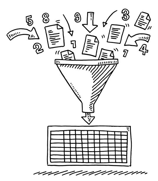 Data Funnel Sorting Spreadsheet Drawing Hand-drawn vector drawing of a Data Funnel Sorting Spreadsheet. Black-and-White sketch on a transparent background (.eps-file). Included files are EPS (v10) and Hi-Res JPG. data mining stock illustrations