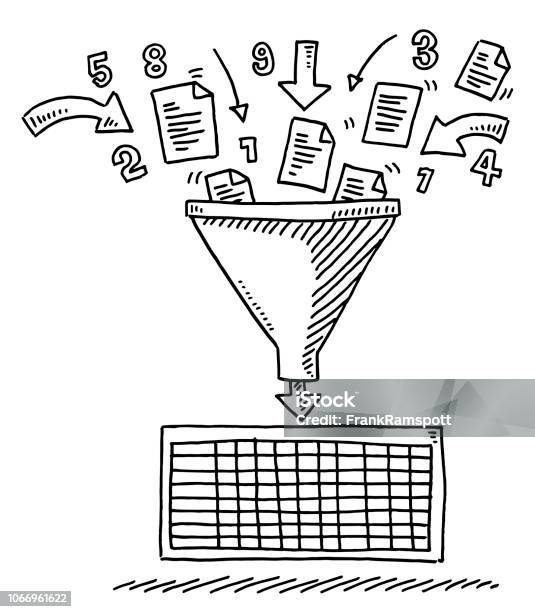 Data Funnel Sorting Spreadsheet Drawing Stock Illustration - Download Image Now - Drawing - Art Product, Spreadsheet, Funnel