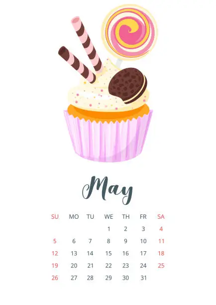 Vector illustration of 2019 year calendar with cupcake