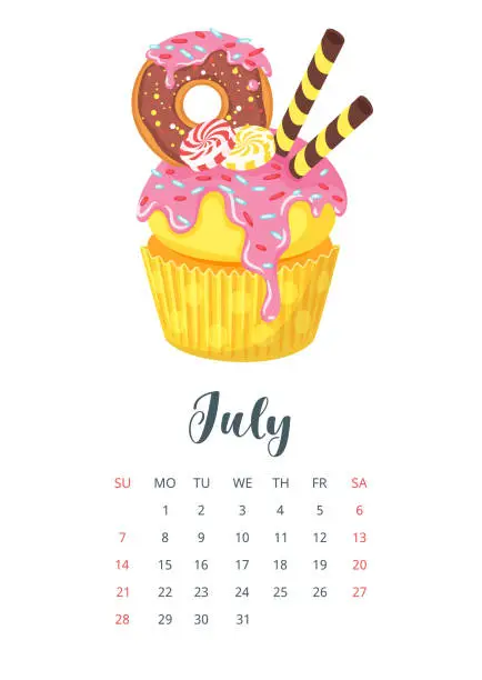 Vector illustration of 2019 year calendar with cupcake