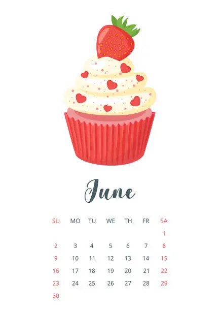 Vector illustration of 2019 year calendar with cupcake