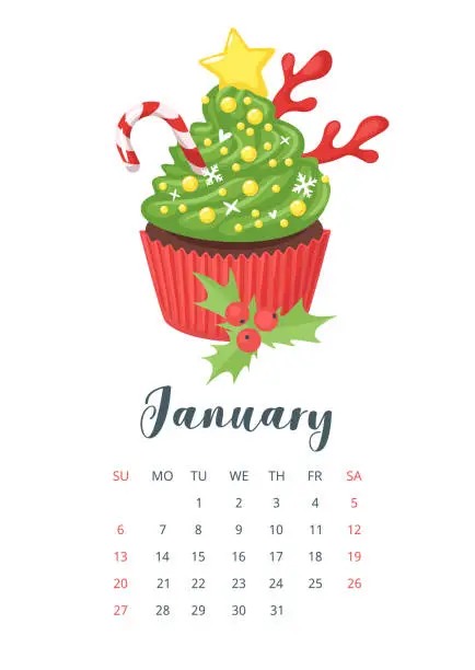 Vector illustration of 2019 year calendar with cupcake