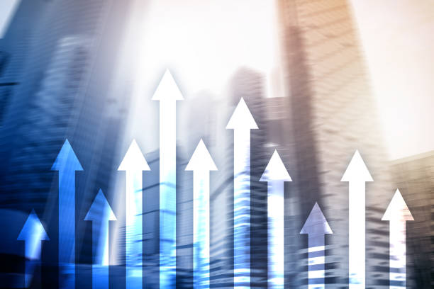 istock Up arrow graph on skyscraper background. Invesment and financial growth concept. 1066964032
