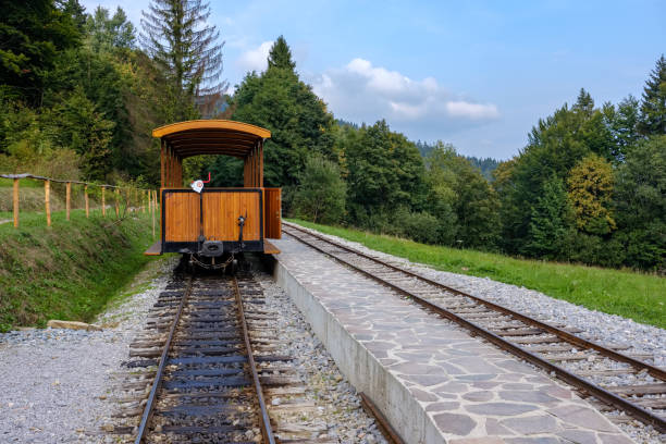 istock ancient log wood railway and train on the tracks 1066964064