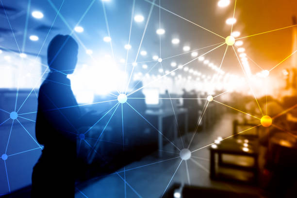 istock Blockchain network on blurred skyscrapers background. Financial technology and communication concept. 1066964464
