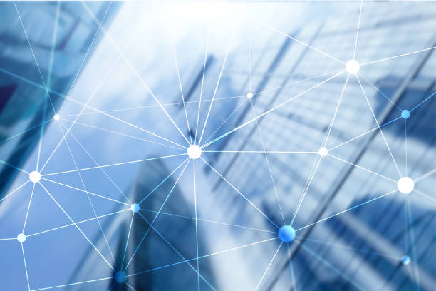 istock Blockchain network on blurred skyscrapers background. Financial technology and communication concept. 1066964486