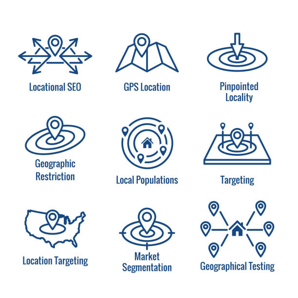 Geo Location Targeting with GPS Positioning and Geolocation Icon Set Geo Location Targeting - GPS Positioning and Geolocation Icon Set geo locator stock illustrations