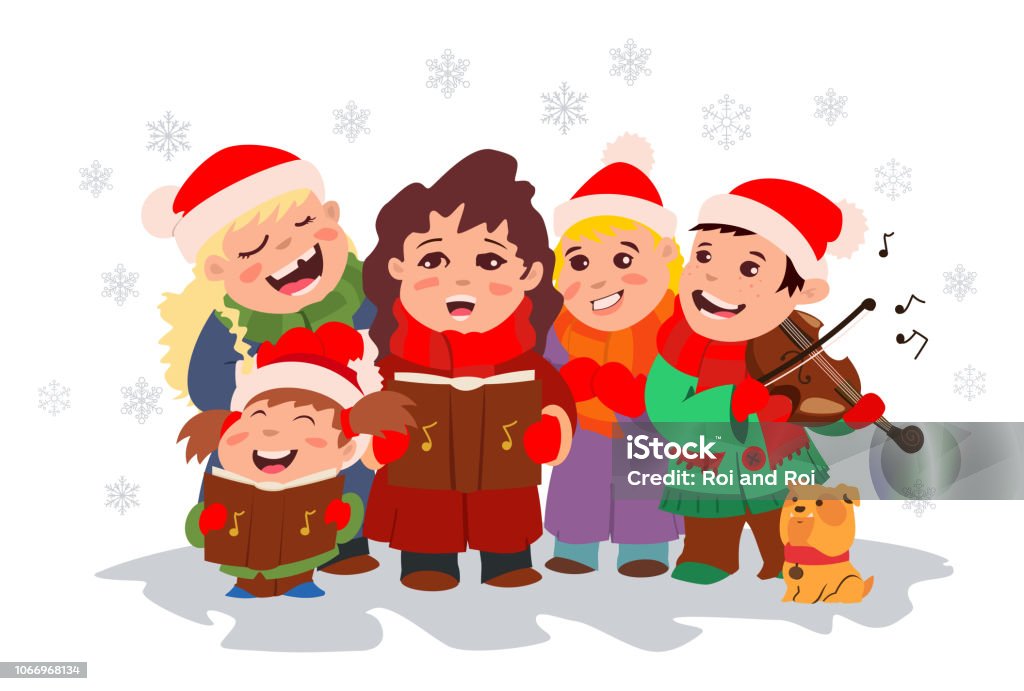 Christmas Caroling. Children choir singing carols and boy playing violin. Vector cartoon illustration with kids and snowflakes isolated on a white background. Christmas Caroling. Children singing. Vector. Caroler stock vector
