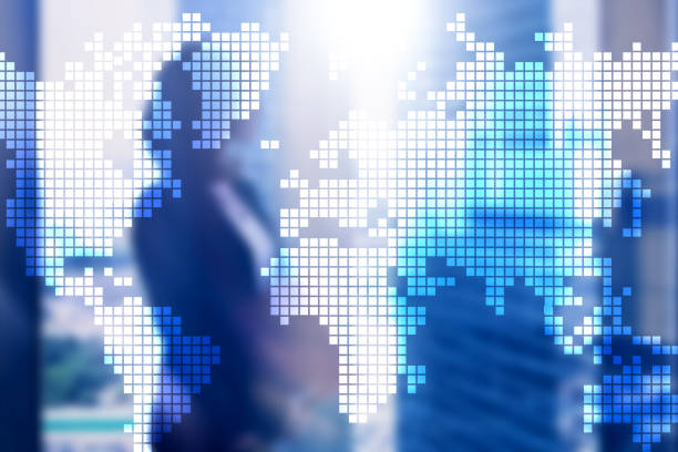 istock Double exposure world map on skyscraper background. Communication and global business concept. 1066969584
