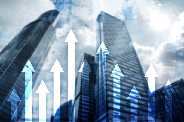 istock Up arrow graph on skyscraper background. Invesment and financial growth concept. 1066969710