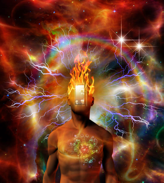 burning mind in cosmic space - spirituality eyesight space abstract imagens e fotografias de stock