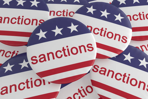 istock Pile of Sanctions Buttons With US Flag, 3d illustration 1066969760
