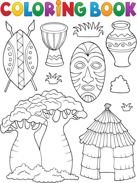 Vector illustration of Coloring book African thematics set 1