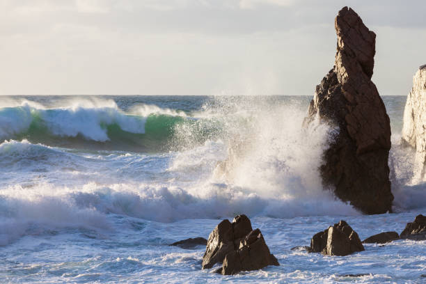 istock Ocean big waves crashing rocky cliffs. Stormy sunset seascape 1066976586