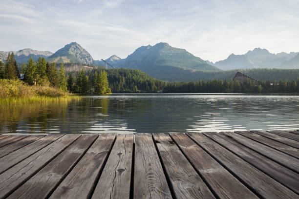 istock Alpine mountain lake sunny morning panoramic view 1066976632