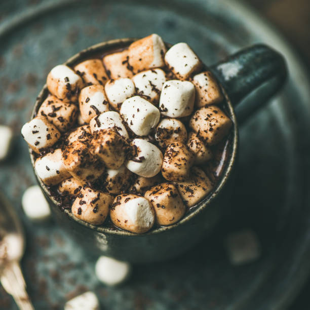 winter warming hot chocolate with marshmallows in mug, square crop - latté hot chocolate hot drink indulgence imagens e fotografias de stock