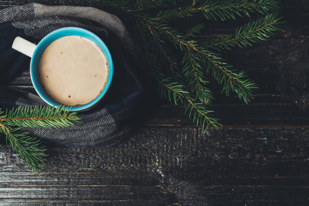 istock Mug with hot cocoa in a scarf with tree branches on the table 1066981976