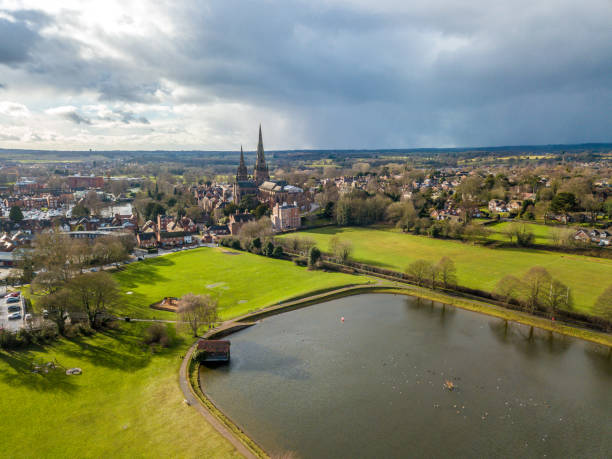 Overlooking Lichfield with the pool and Cathedral from above stock photo
