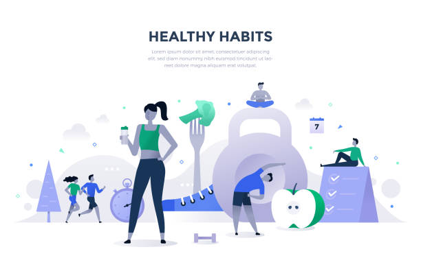 Healthy Habits Flat Concept Healthy habits vector illustration. Exercising, running in the fresh air, healthy eating and drinking enough water, relaxation and effective daily routine drinking water illustrations stock illustrations