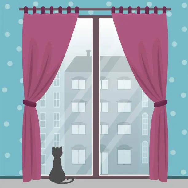 Vector illustration of Window with city view in a cozy room with a cat. Vector flat illustration.