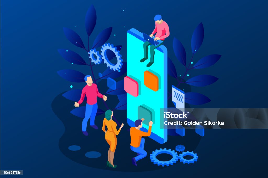 Isometric Seo Optimization and Analytics Team Modern Landing page design concept. Isometric Seo Optimization and Analytics Team Modern Landing page design concept Mobile App stock vector