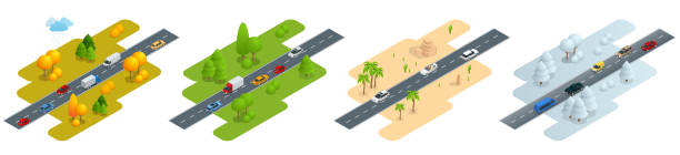 Four isometric pictures Road with cars in autumn, summer, a road in the desert and road in winter. Four isometric pictures Road with cars in autumn, summer, a road in the desert and road in winter. Vector illustration snow road stock illustrations