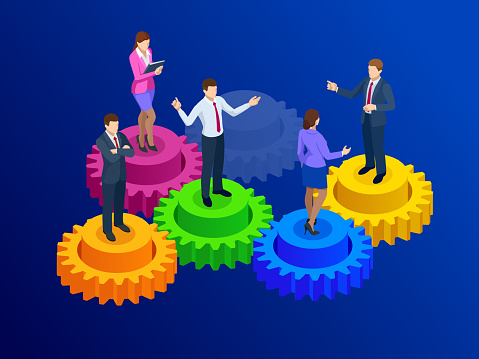 Isometric business people on gears, collaboration and teamwork concept. Vector illustration