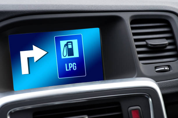 Navigation in the car shows the direction to an LPG LPG LPG gas station Navigation in the car shows the direction to an LPG LPG filling station liquefied petroleum gas photos stock pictures, royalty-free photos & images