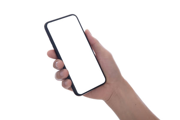 istock women hand holding white tablet with blank black screen - isolated on white 1066989982