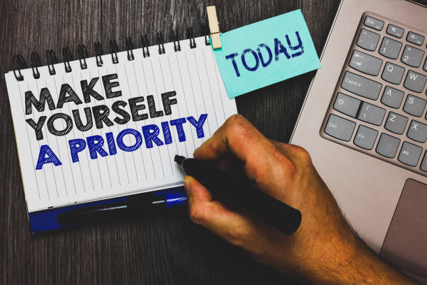 istock Word writing text Make Yourself A Priority. Business concept for Think in your own good first personal development Paperclip grip sticky note with text hand hold pen computer on wooden desk. 1066992668