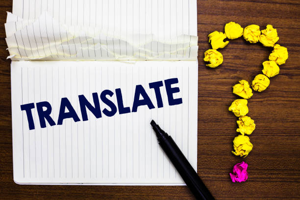 istock Writing note showing Translate. Business photo showcasing Another word with same equivalent meaning of a target language Notebook marker crumpled paper forming question mark wooden background. 1066994992