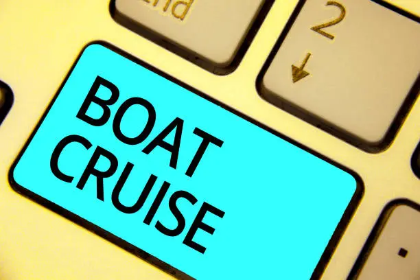 Photo of Text sign showing Boat Cruise. Conceptual photo sail about in area without precise destination with large ship Keyboard blue key Intention create computer computing reflection document.