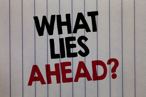 istock Handwriting text writing What Lies Ahead question. Concept meaning Asking for information about something on the way white vertical paper written three words with black and red color. 1066995328