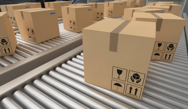 istock Conveyor with many cardboard boxes. Package delivery concept. 3D rendered illustration. 1066996856
