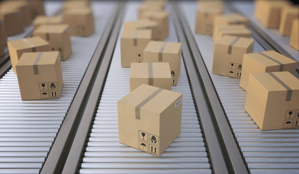 istock Conveyor with many cardboard boxes. Package delivery concept. 3D rendered illustration. 1066996860