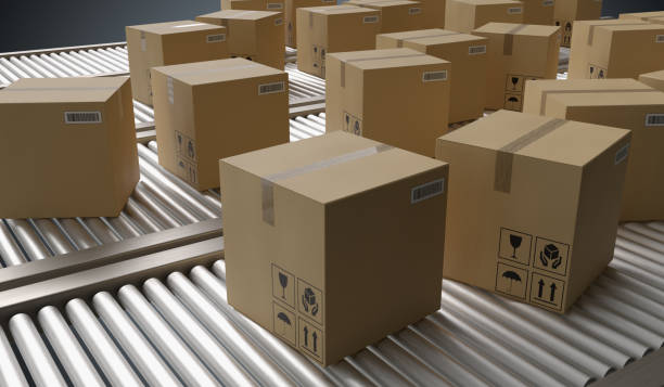 istock Conveyor with many cardboard boxes. Package delivery concept. 3D rendered illustration. 1066998162