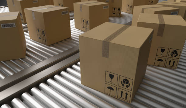 istock Conveyor with many cardboard boxes. Package delivery concept. 3D rendered illustration. 1066998326