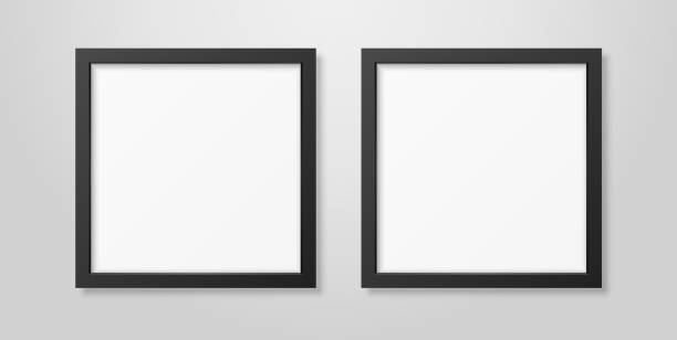 istock Two Vector Realistic Modern Interior Black Blank Square Wooden Poster Picture Frame Mock-up Set Closeup on White Wall. Empty Poster Frames Design Template for Mockup, Presentation, Image or text 1066998462
