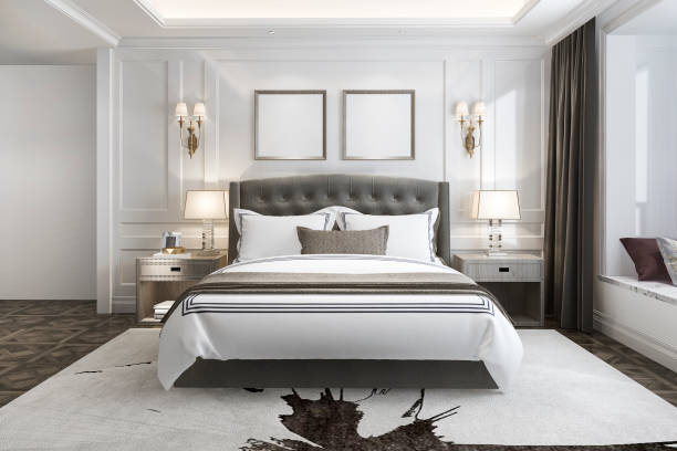 3d rendering beautiful luxury bedroom suite in hotel with tv 3d rendering interior and exterior design hotel suite stock pictures, royalty-free photos & images