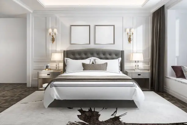 Photo of 3d rendering beautiful luxury bedroom suite in hotel with tv