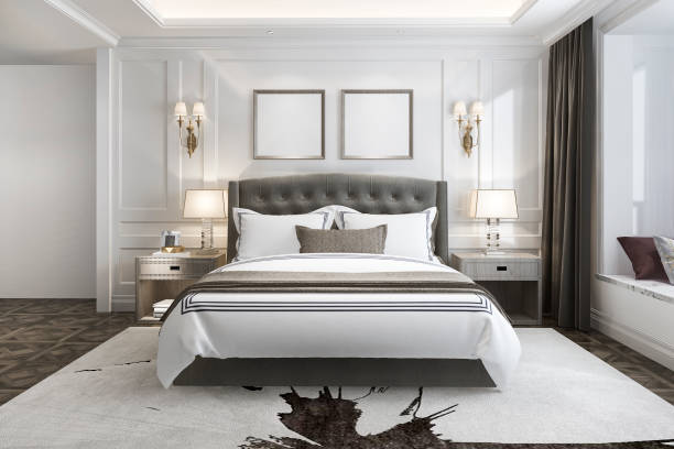 3d rendering beautiful luxury bedroom suite in hotel with tv - hotel room bedroom hotel contemporary imagens e fotografias de stock