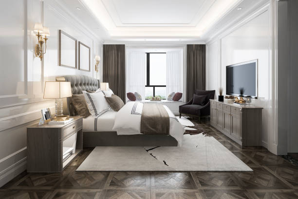 istock 3d rendering beautiful luxury bedroom suite in hotel with tv 1066999800