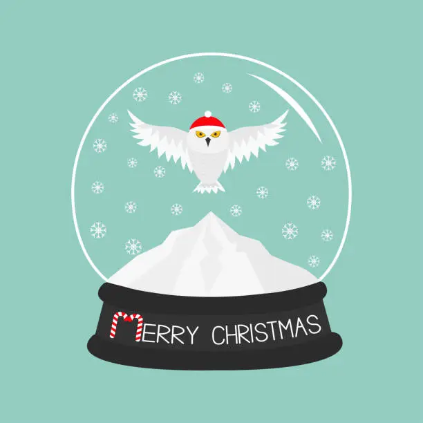 Vector illustration of Snowy white owl Red Santa hat. Flying bird Big wings. Yellow eyes. Arctic Polar animal collection. Crystal ball with snow. Merry Christmas card Candy cane text. Flat design Blue background.