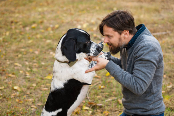 istock Man and dog in autumn park 1067000200