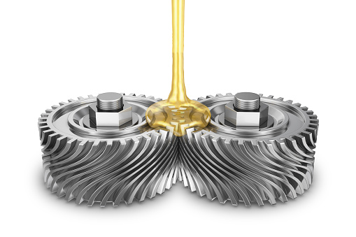 Mineral oil is poured on the rotating gears. 3d render.