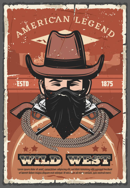 illustrazioni stock, clip art, cartoni animati e icone di tendenza di cowboy in cappello con rivoltelle, wild west - wanted poster wild west poster law