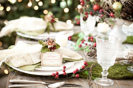 Holiday dining table elegant place setting.