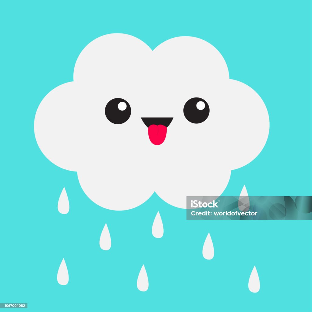 Ilustración de Las Gotas De Nube De Dibujos Animados Cute Kawaii Con Lluvia  Que Muestra Emoción De Lengua Ojos Y Boca Aislado Fondo De Cielo Azul  Colección De Emoji De Carácter Gracioso