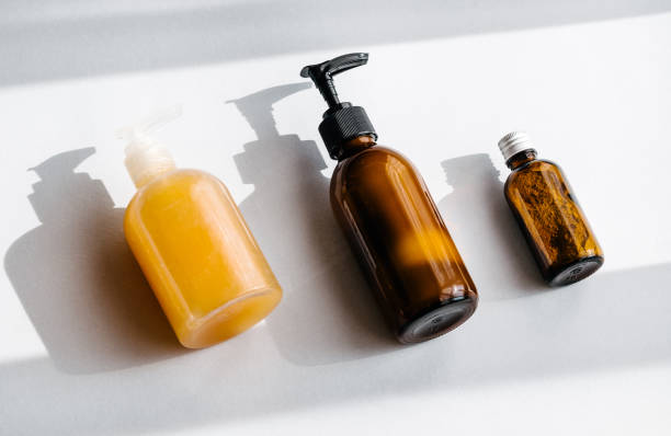 Bottles with organic cosmetics overhead