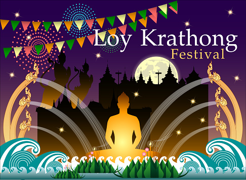 Abstract of Loy-Krathong Festival banner template background. Celebration of Thailand Culture for the worship of The Lord Buddha in The Super Fullmoon Night. Vector and illustration, eps 10.